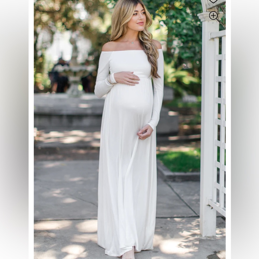 PinkBlush Ivory Solid Off Shoulder Maternity Maxi Dress